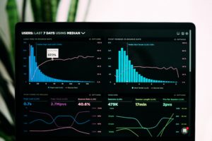 Marketing Analytics dashboard and graphs in various neon colours against a black background on laptop screen