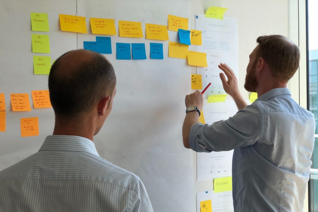 Two businessmen putting post-it notes on a wall creating a flowchart